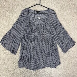 Talbots Blouse Womens Plus 3X Blue Geometric Print Bell Ruffle Sleeve Career New